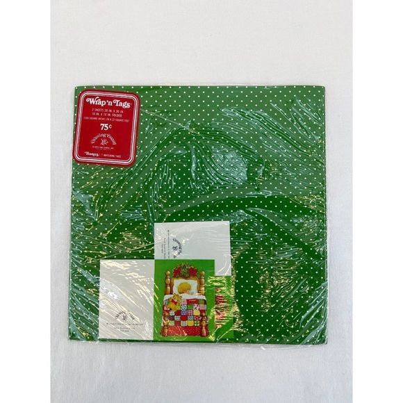 Vintage Drawing Board Wrap N Tags Gift Paper Green Polka Dot Quilt - Picture 1 of 4